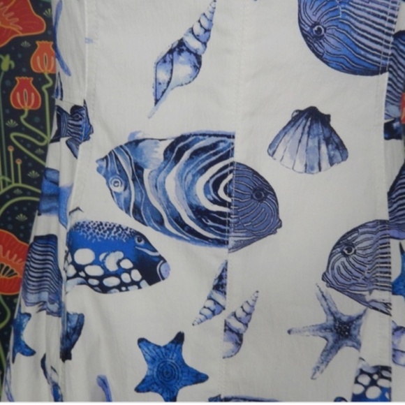 Avec Les Filles Blue White Fish Seashell Nautical Fit Flare Dress 6 - Picture 3 of 5